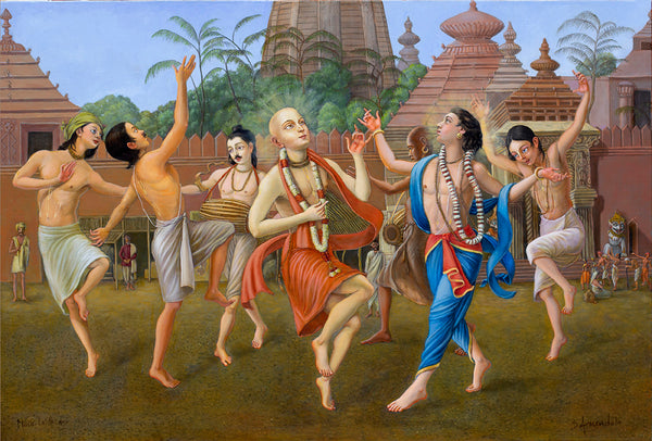An original oil painting by Dominique Amendola depicting Sri Chaitanya Mahaprabhu and his devotees joyfully dancing and chanting in a kirtan, set against a temple backdrop.