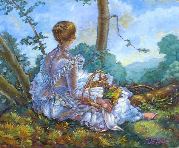 Original oil painting by Dominique Amendola – 'A Beautiful Afternoon' featuring a Victorian-style scene of a young woman sitting in the woods.