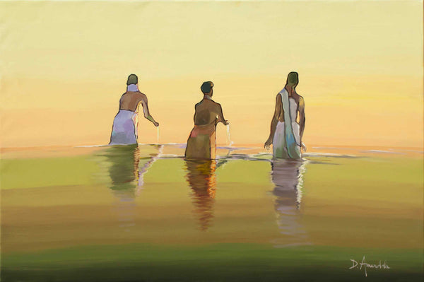 Bathing in the holy river 3 – Impressionist Indian Painting by Dominique Amendola