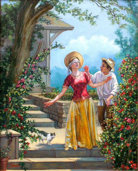 Blind Man's Buff – Classical Figurative Painting by Dominique Amendola (Framed)