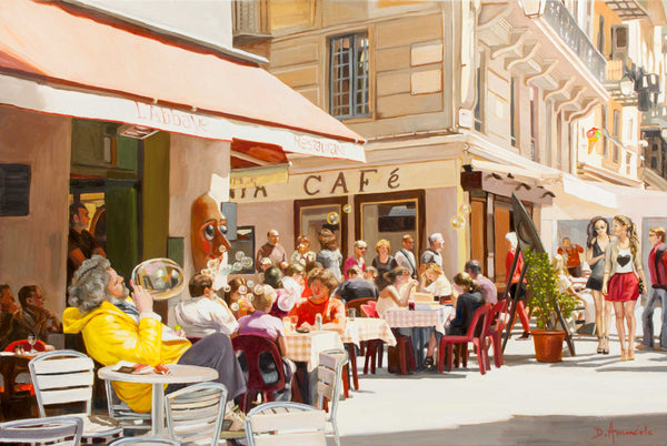 Blowing Bubbles At The Cafe Terrace – Original Realist Oil Painting by Dominique Amendola