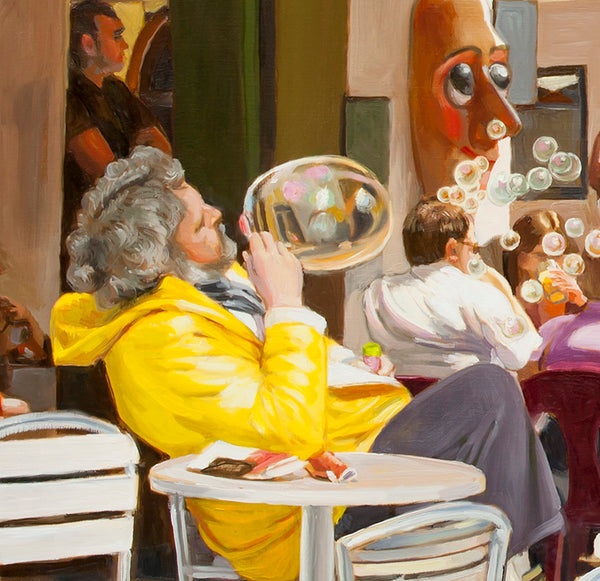 Blowing Bubbles At The Cafe Terrace – Original Realist Oil Painting by Dominique Amendola