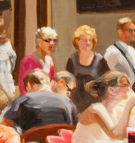 Blowing Bubbles At The Cafe Terrace – Original Realist Oil Painting by Dominique Amendola