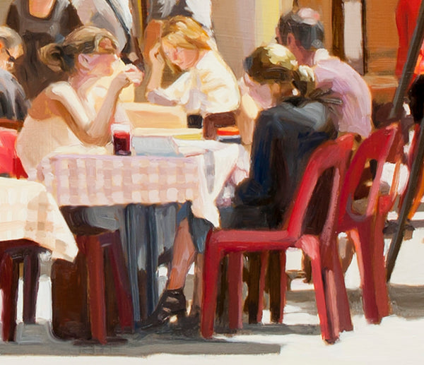 Blowing Bubbles At The Cafe Terrace – Original Realist Oil Painting by Dominique Amendola