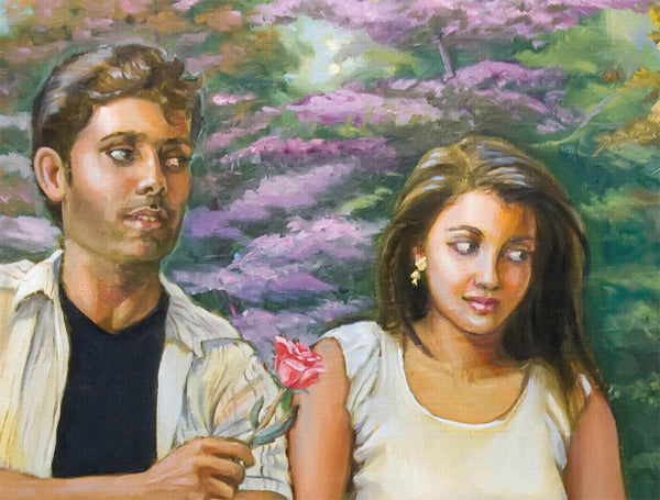 Lovers on a Bench in a Dreamlike Garden – Classical Figurative Painting by D.Amendola
