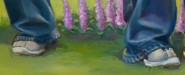Lovers on a Bench in a Dreamlike Garden – Classical Figurative Painting by D.Amendola