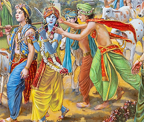 Krishna and Balaram take the cows to the pasture