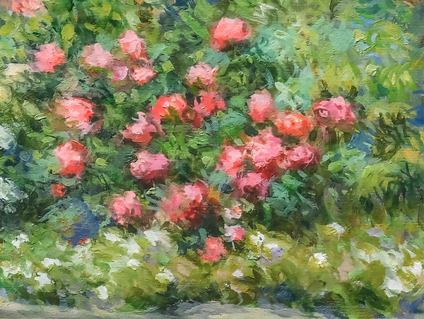 Gazebo with roses – Original Impressionist Oil Painting by Dominique Amendola