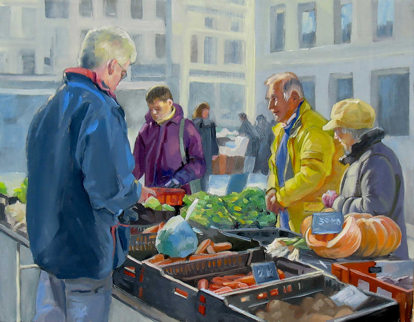 Farmer's Market- Selling Vegetables – Original Figurative Oil Painting by Dominique Amendola (Framed)