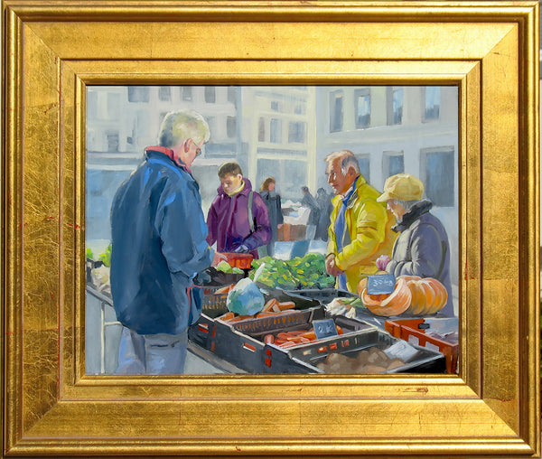 Farmer's Market- Selling Vegetables – Original Figurative Oil Painting by Dominique Amendola (Framed)