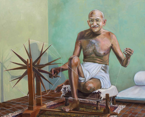 Mahatma Gandhi Spinning – Symbolic Oil Portrait by Dominique Amendola