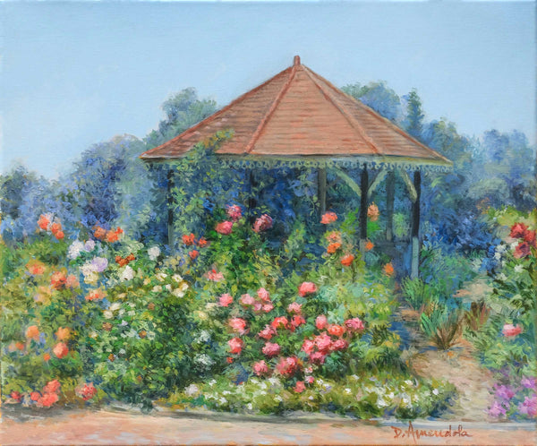 Gazebo with roses – Original Impressionist Oil Painting by Dominique Amendola