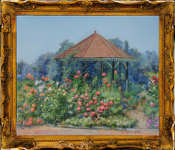 Gazebo with roses – Original Impressionist Oil Painting by Dominique Amendola