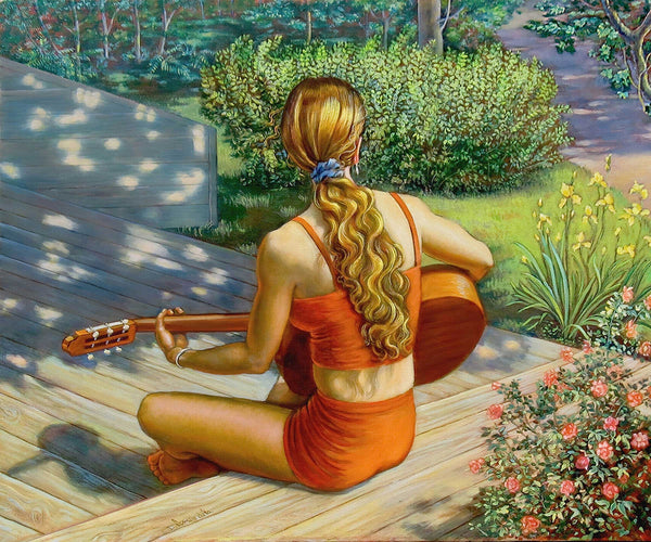 Here Comes The Sun – Framed Classical Painting of Woman Playing Guitar by Dominique Amendola
