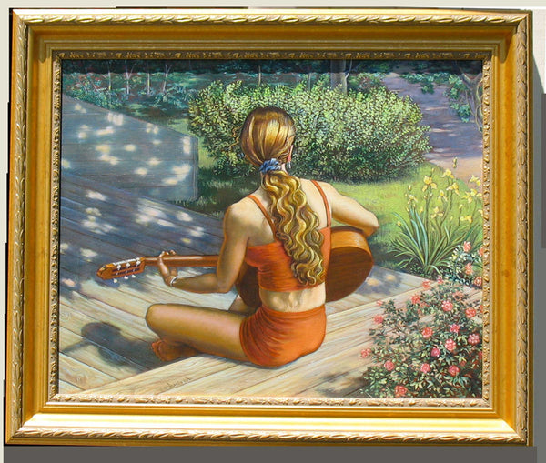 Here Comes The Sun – Framed Classical Painting of Woman Playing Guitar by Dominique Amendola