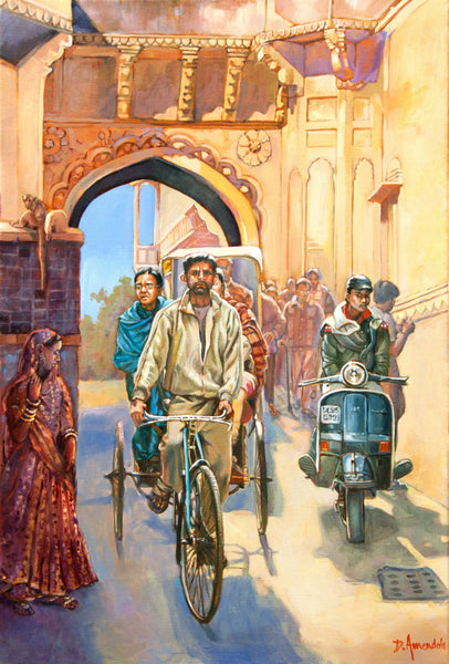 India street scene with a bicycle rickshaw – Indian Life Oil Painting by Dominique Amendola