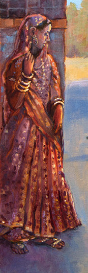 India street scene with a bicycle rickshaw – Indian Life Oil Painting by Dominique Amendola