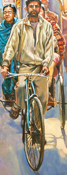 India street scene with a bicycle rickshaw – Indian Life Oil Painting by Dominique Amendola