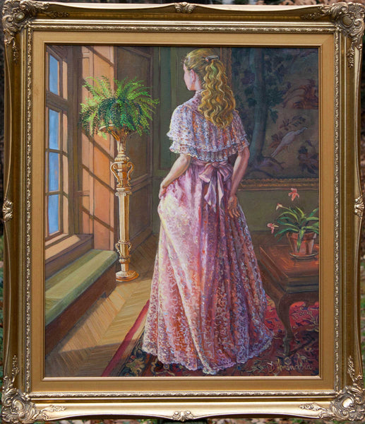 Lady Gazing Through The Window – Framed Classical Realist Painting of a Girl in Lace Dress
