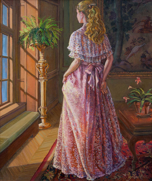 Lady Gazing Through The Window – Framed Classical Realist Painting of a Girl in Lace Dress