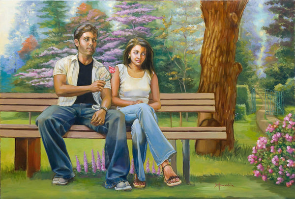 Lovers on a Bench in a Dreamlike Garden – Classical Figurative Painting by D.Amendola