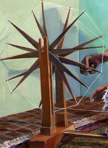 Mahatma Gandhi Spinning – Symbolic Oil Portrait by Dominique Amendola