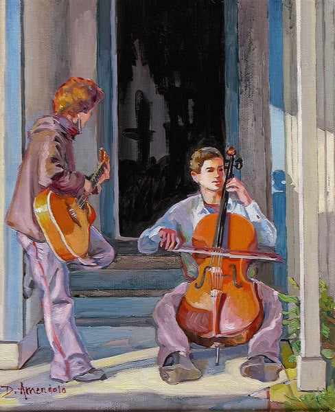 Doorstep Duet – Framed Impressionist Painting of Two Young Musicians by Dominique Amendola