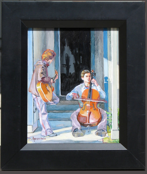 Doorstep Duet – Framed Impressionist Painting of Two Young Musicians by Dominique Amendola