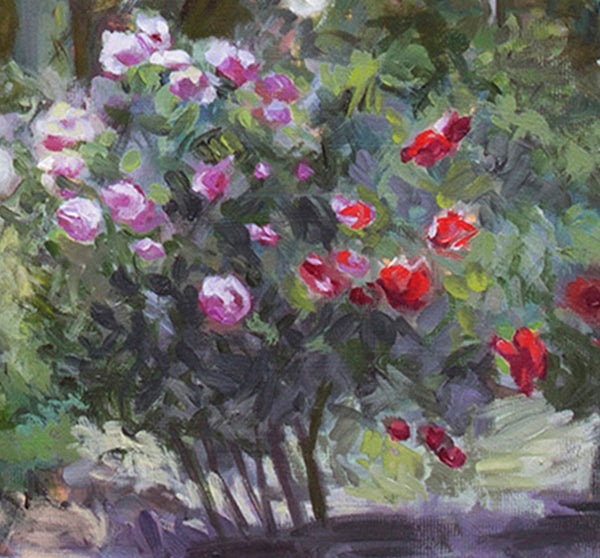 Roses In A Garden – Impressionist Garden Oil Painting by Dominique Amendola