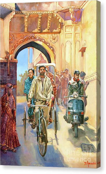 India street scene with a bicycle rickshaw - Canvas Print