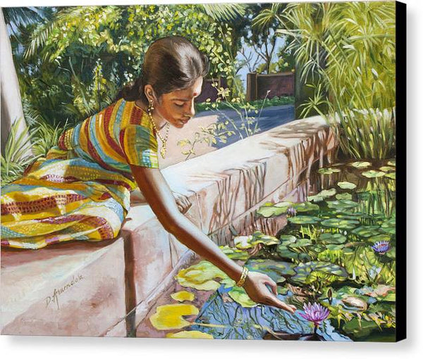 Indian Girl Near The Waterlilies  - Canvas Print