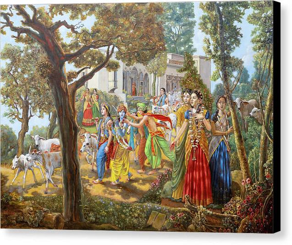 Krishna and Balaram Leave Vrindavan for the Forest with Their Friends and Cows - Canvas Print