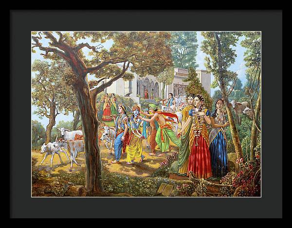 Krishna and Balaram Leave Vrindavan for the Forest with Their Friends and Cows - Framed Print