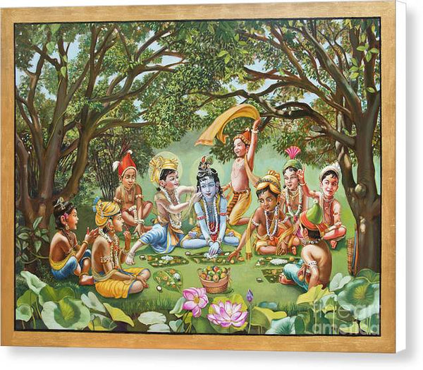 Krishna Eats Lunch With His Friends with gold border - Canvas Print