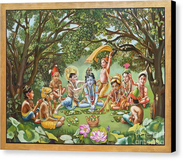 Krishna Eats Lunch With His Friends with gold border - Canvas Print