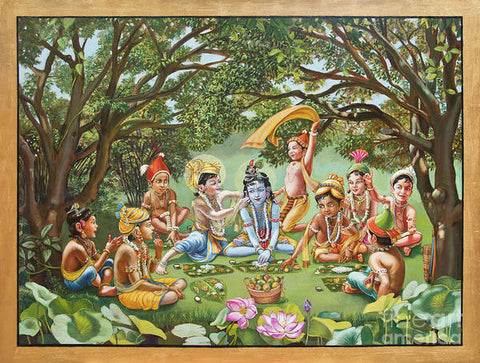 Krishna Eats Lunch With His Friends with gold border - Art Print
