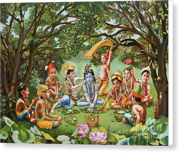 Krishna eats lunch with his friends with no border - Canvas Print