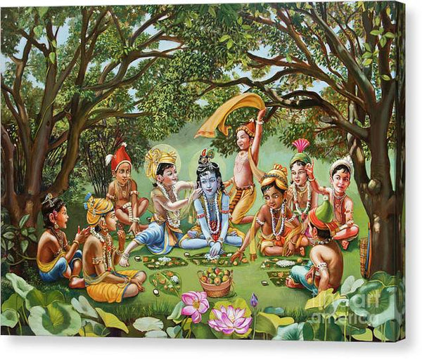 Krishna eats lunch with his friends with no border - Canvas Print