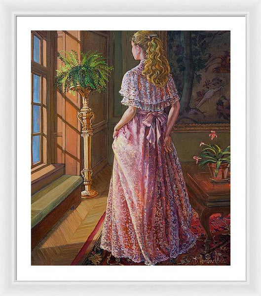 Lady Gazing Through The Window - Framed Print