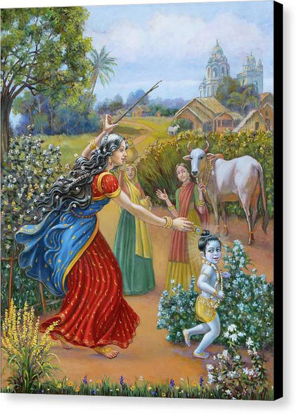 Mother Yashoda Chasing Baby Krishna - Canvas Print