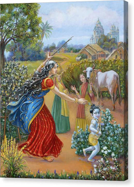 Mother Yashoda Chasing Baby Krishna - Canvas Print