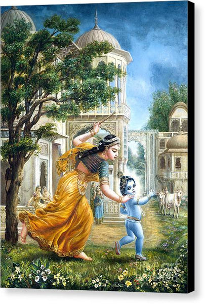 Mother Yashoda Tries To Catch Krishna - Canvas Print