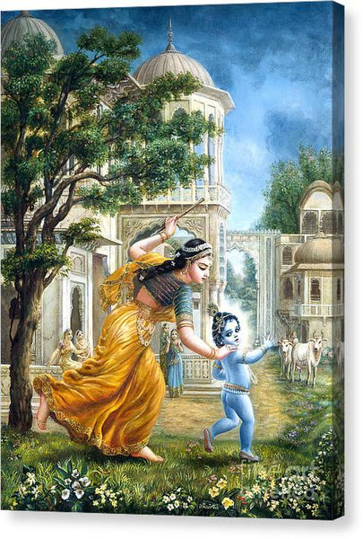 Mother Yashoda Tries To Catch Krishna - Canvas Print
