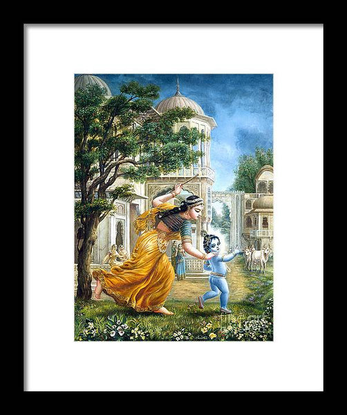 Mother Yashoda Tries To Catch Krishna - Framed Print