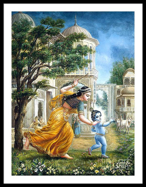 Mother Yashoda Tries To Catch Krishna - Framed Print