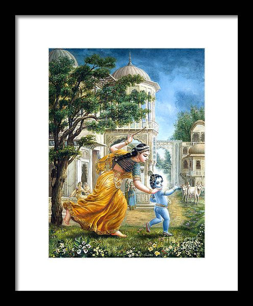 Mother Yashoda Tries To Catch Krishna - Framed Print