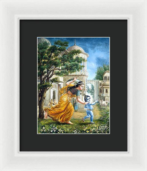 Mother Yashoda Tries To Catch Krishna - Framed Print
