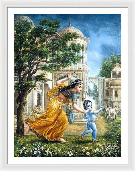 Mother Yashoda Tries To Catch Krishna - Framed Print