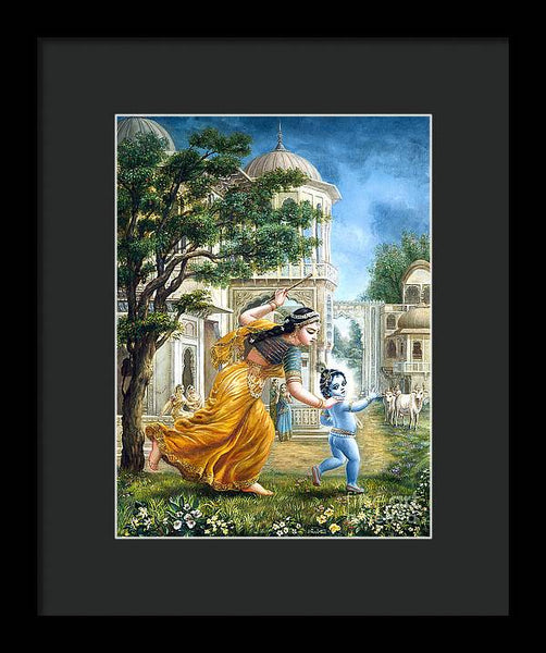 Mother Yashoda Tries To Catch Krishna - Framed Print