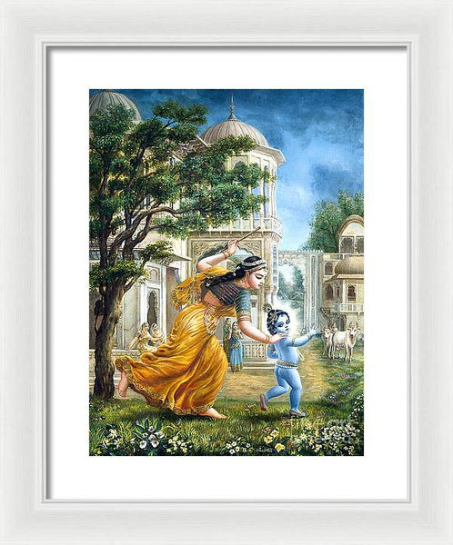 Mother Yashoda Tries To Catch Krishna - Framed Print
